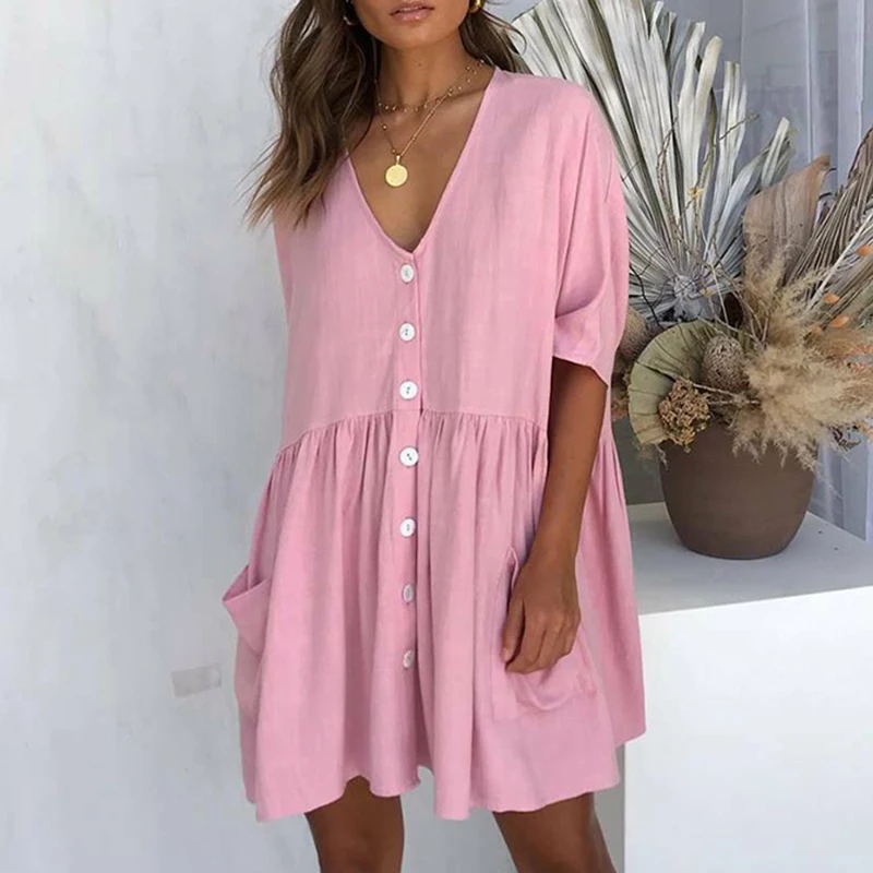 

Women Dress Womens Loose Summer Style Feminino Vestido Casual Buttons V Neck Ladies Dress Boho Sundress