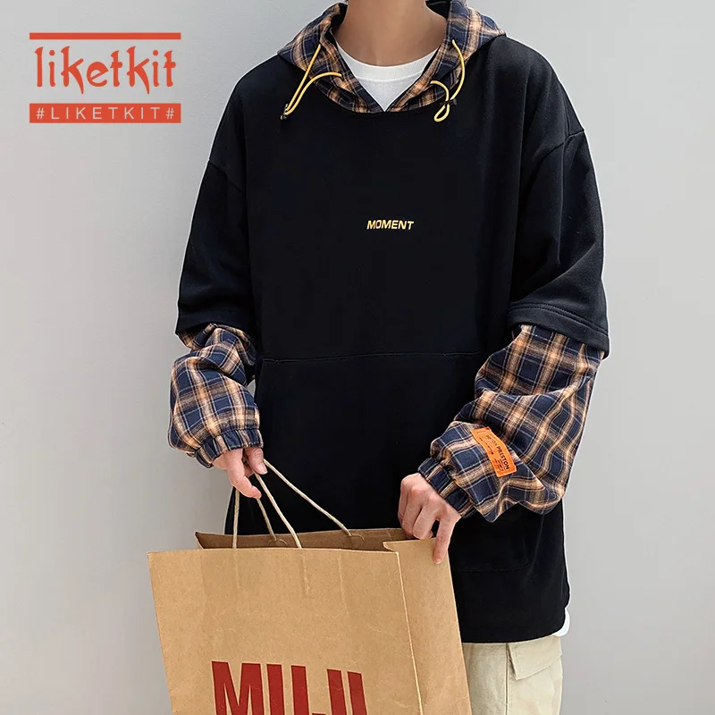 Liketkit мужские лоскутные толстовки уличная одежда 2020 клетчатые поддельные две