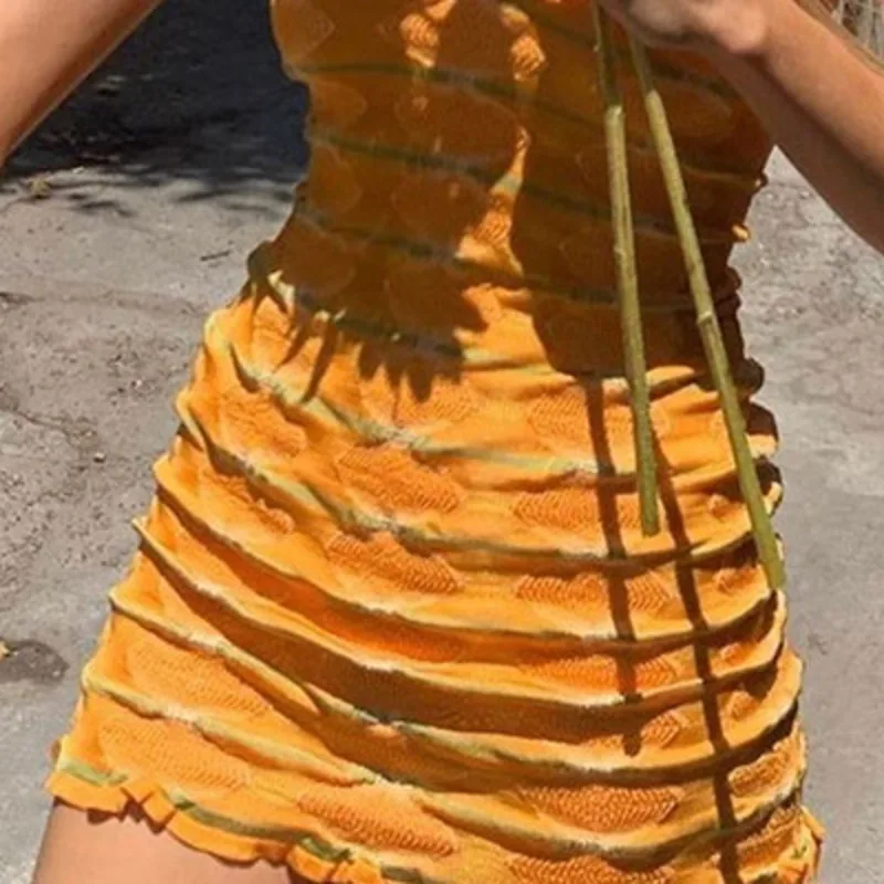 

Printed Knitted Sundress Y2k Fashion Mini Dresses Spaghetti Strap Short Dress For Women 2021 Vintage Beach Skinny Robe Vestidos