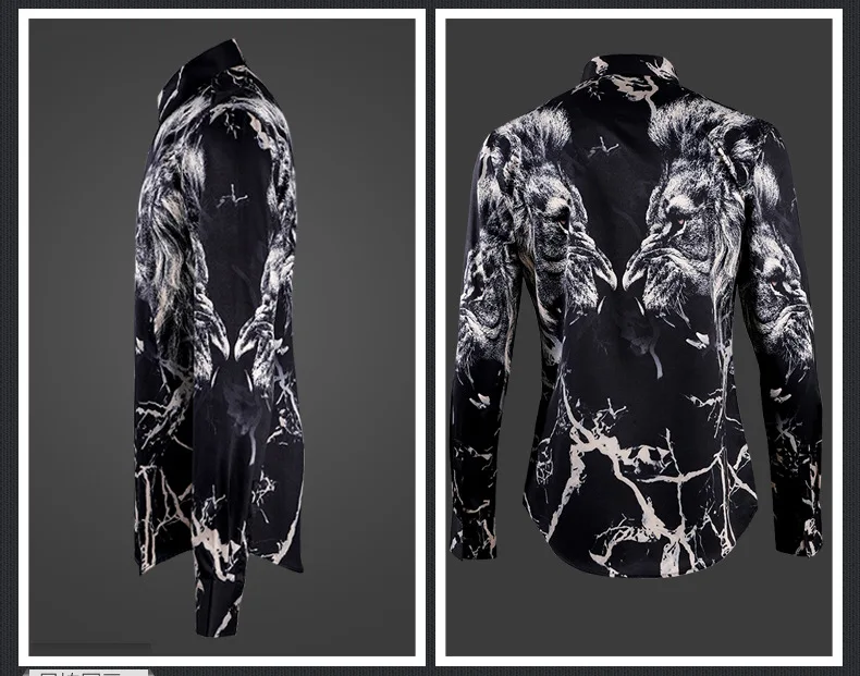 Брендовая мужская рубашка, с длинным рукавом, модная, с принтом льва, Chemise homme, черная, тонкая, деловая, мужская рубашка, футболки в повседневном стиле