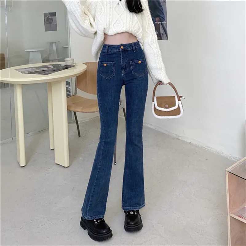 

Women's Vintage Blue Jeans With Pocket Spring Harajuku Loose Flare Pants Y2K Female Denim Trousers Ladies High Waist Jean P277