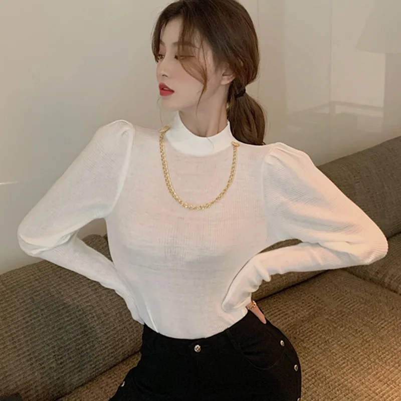

2020 Western Style Half High Neck Chain Decoration Puff Sleeve Long Sleeve Sweater Bottoming Top