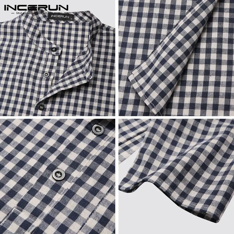 

Men Plaid Shirts Long Sleeve Stand Collar Camisa INCERUN Vintage Long Style Shirts Man Loose Buttons Pocket Islamic Arabic Tops