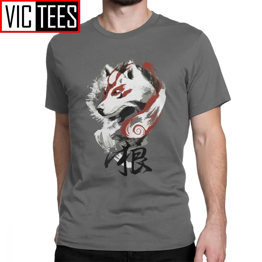 Men's Wolf T-Shirts for Men Awesome Tee Shirt Pure Cotton Clothes Print T Shirts Retro Painterly Okami Amaterasu