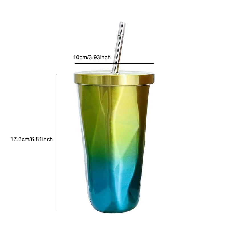 550ml Gradient Color Thermos Mug Irregular Coffee Cup with Lid Stainless Steel Vacuum Flask Creative Straw Thermal Bottle | Дом и сад