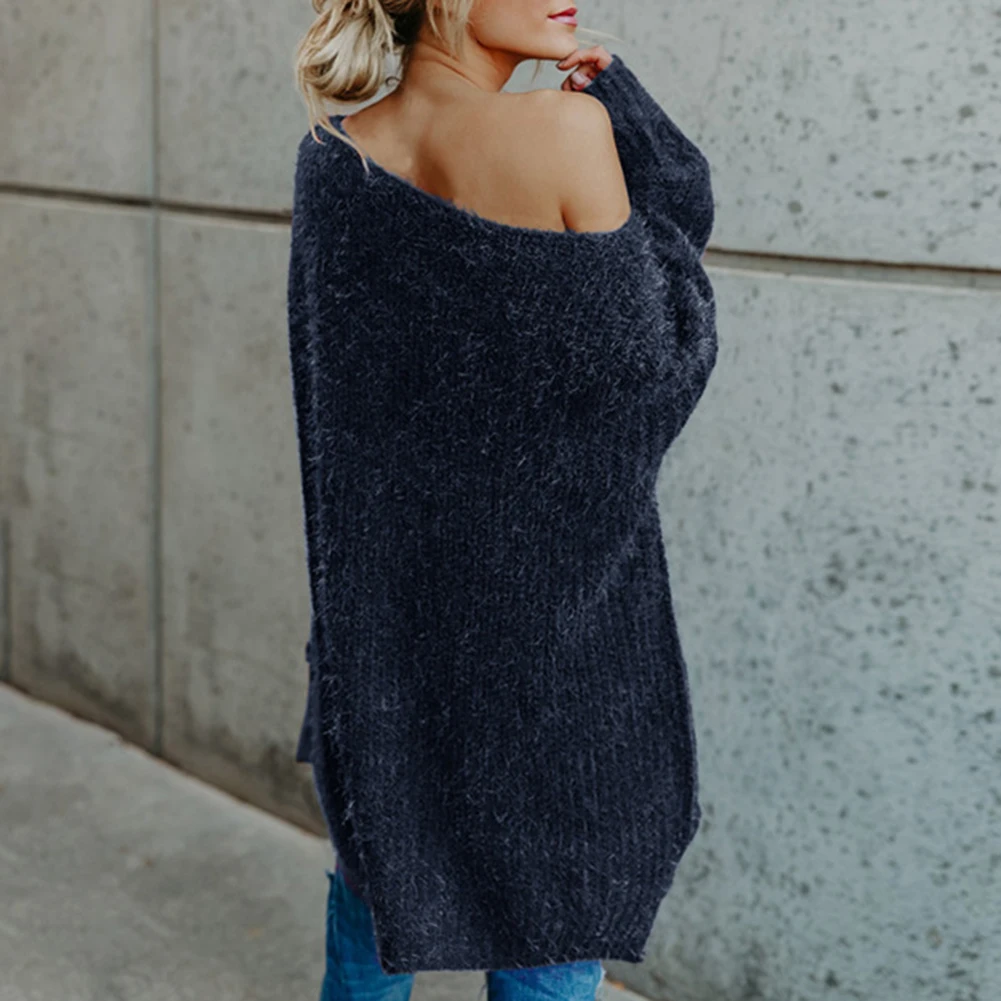 

Sexy Off Shoulder Knitted Sweater Women Solid Loose Flare Sleeve Pullover Jumpers Female Mink Cashmere Sweater poncho pull femme