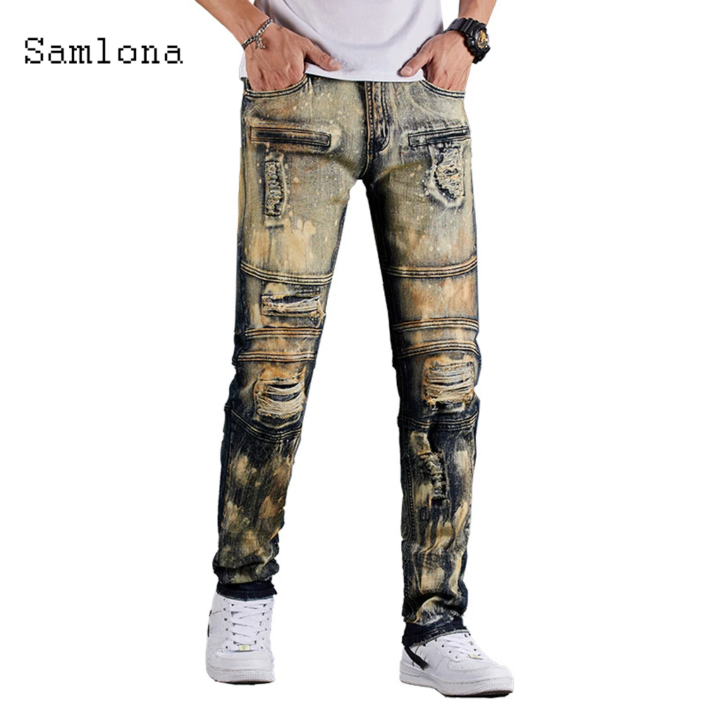 

Samlona 2021 New Patchwork Mens Skinny Jeans Demin Pants Slim Bottom Casual Classic Fashion Denim Trousers Men Kpop Style Pants