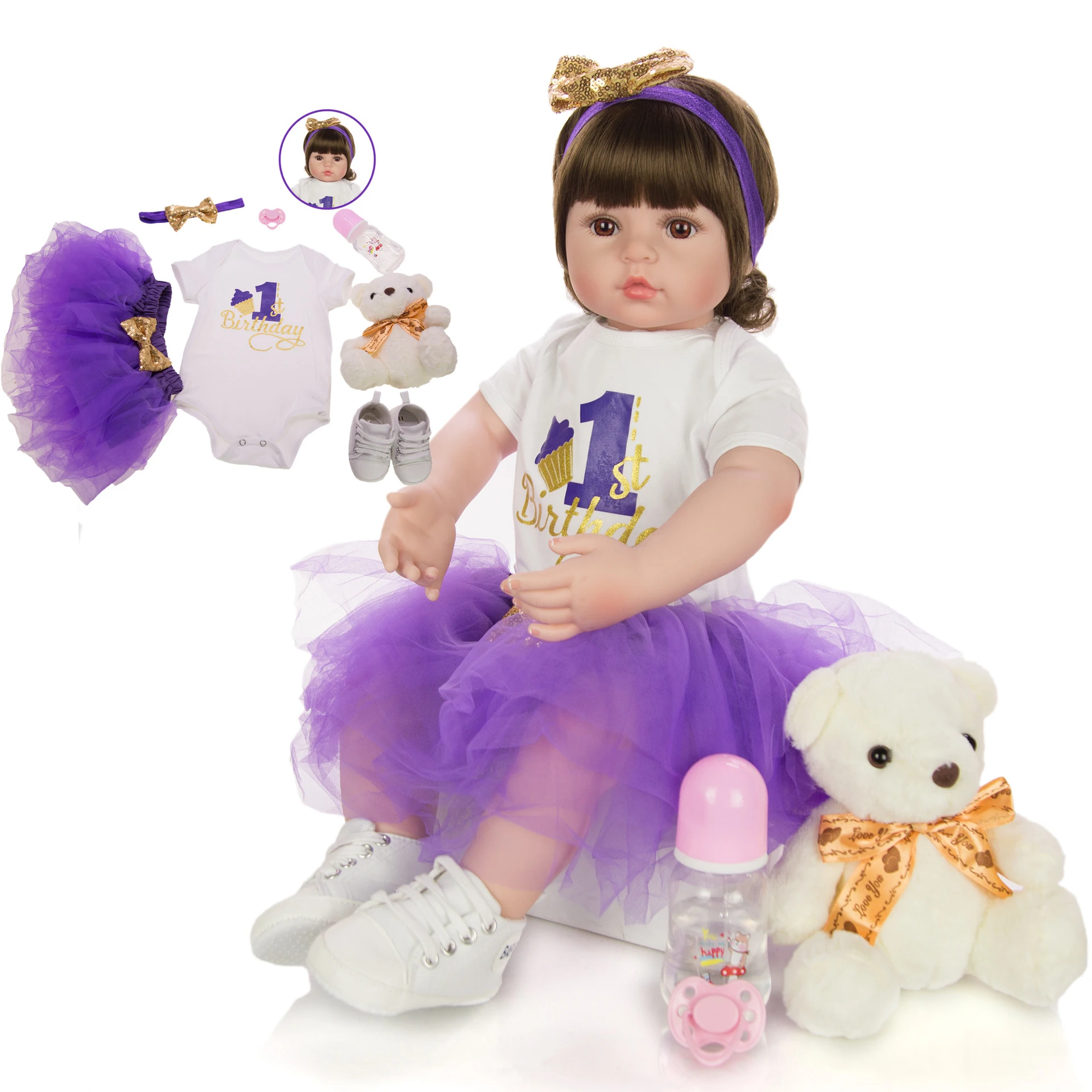 

Fantasy brown Curls Reborn Baby Doll 60 cm Realistic Princess Silicone Vinyl Reborn toddler Menina toys Girl Birthday Gift