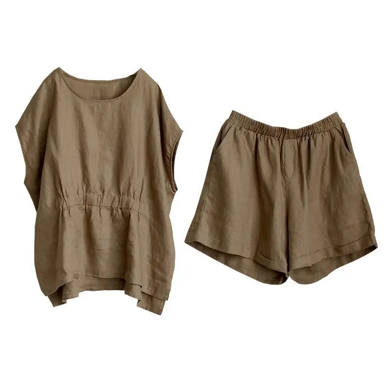 

Tracksuit Women Plus Size 2021 Summer Short Sleeve Tops and Elastic High Waist Wide Leg Shorts Suit Loose Two Piece Set Y245