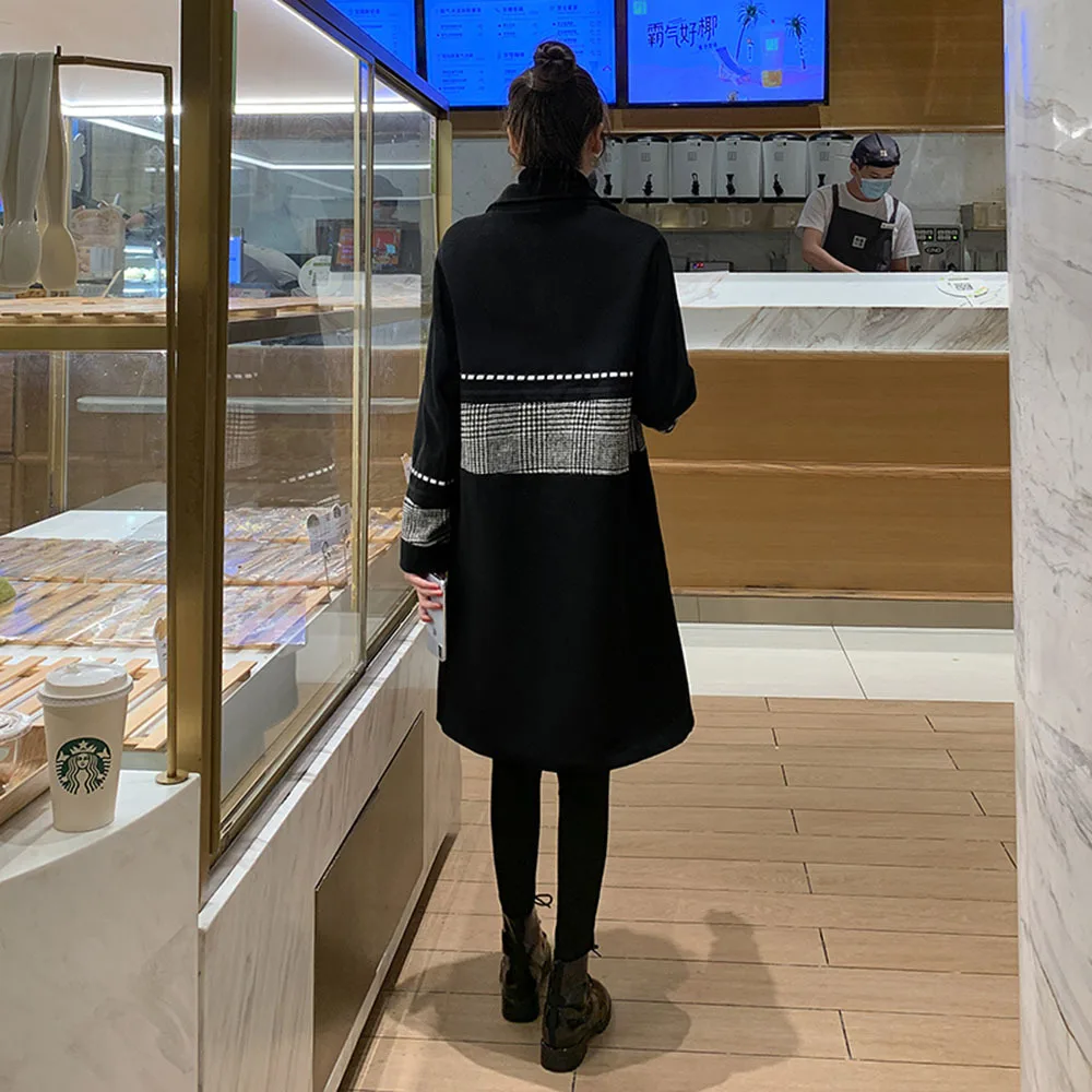 

Korean Autumn Winter New Simple Women Black Coat Turn-Down Collar Single Breasted Chic Plaid Panelled Double Pockets Jacket