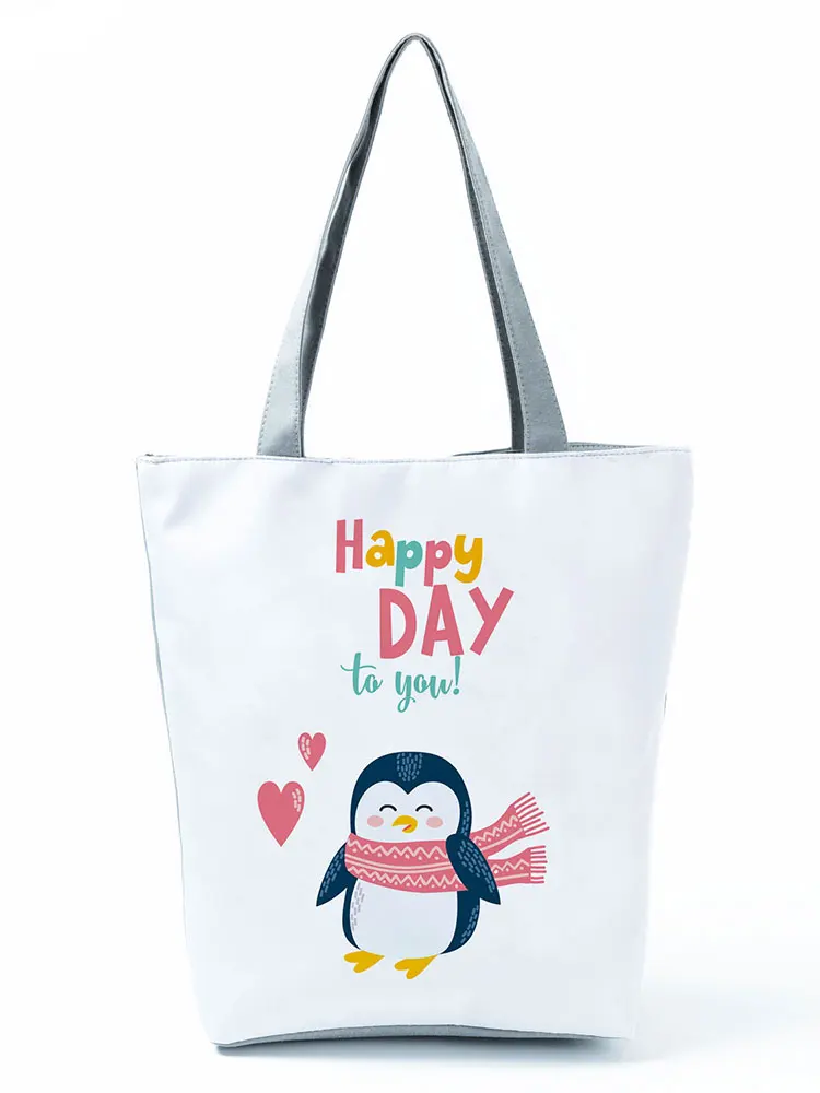 

Милая сумка с принтом пингвина, мультяшное животное, большая емкость, экологически чистая многоразовая сумка для покупок, уличная сумка чер...