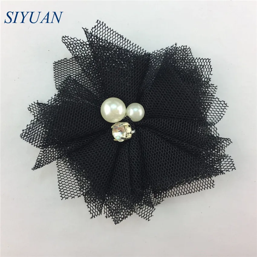 1-black 10 шт./лот, 5 см, сетка, тюль, Fbric, цветок, стразы, для детей, жемчуг, бисер, шикарная повязка с цветами, сделай сам, аксессуары для волос F27 - Цвет: 1-black