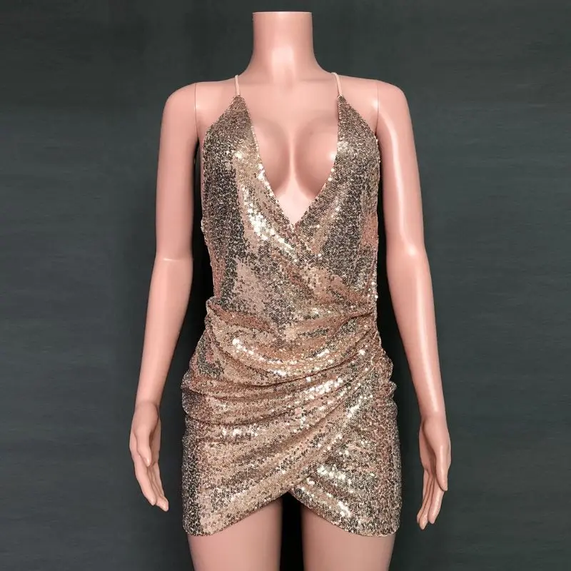 

2020 Sequined Club Party Deep V-Neck Dress Spahetti Strap Mini Dress Backless Wrap Bodycon Sexy Dresses Female Vestidos BX0A