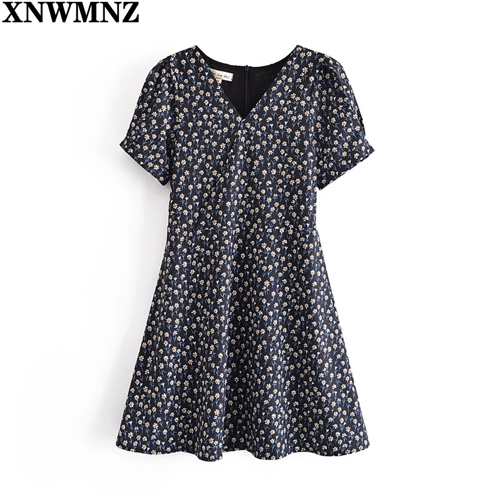 

XNWMNZ 2021Women Black Vintage Daisy Print Summer Dress woman Short Sleeve V Neck Robe Femme A-line Mini Casual Sundress Clothes