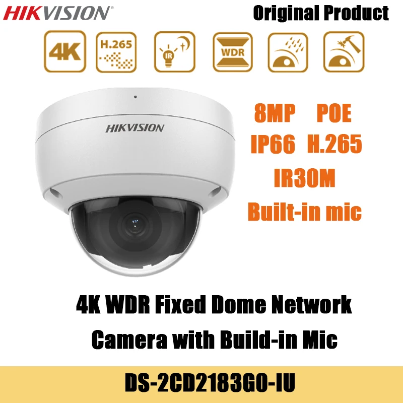 

Hikvision IP Camera 8MP 4K POE DS-2CD2183G0-IU H.265+ 120 dB true WDR Built-in mic IR30M indoor Network Dome security Camera
