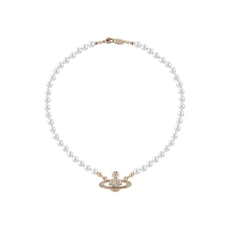 

High-quality Retro Hong Kong Style Pearl Clavicle Chain Necklaces Elegant Temperament Flash Crystal Planet Pendant Necklace