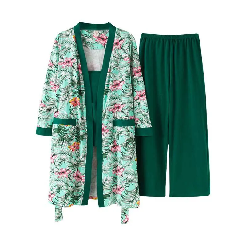 

Summer New Japanese Style Pajamas Set Floral Printed Elegant 3Pcs Sleepwear Cardigan+Camisole+Pants Laarge Size Loose Homewear