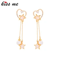 kissme romantic zircon heart earrings for women unique shell star acrylic pearl gold color brass chain tassel dangle earrings