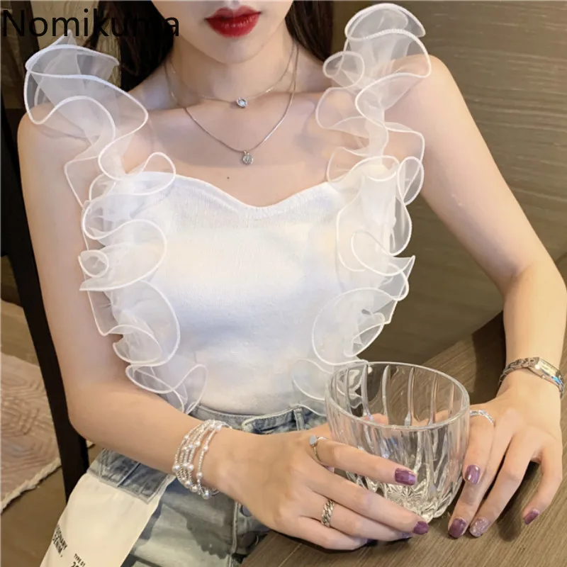 Nomikuma марлевые Лоскутные сексуальные камзол корейская мода Спагетти ремень Топ