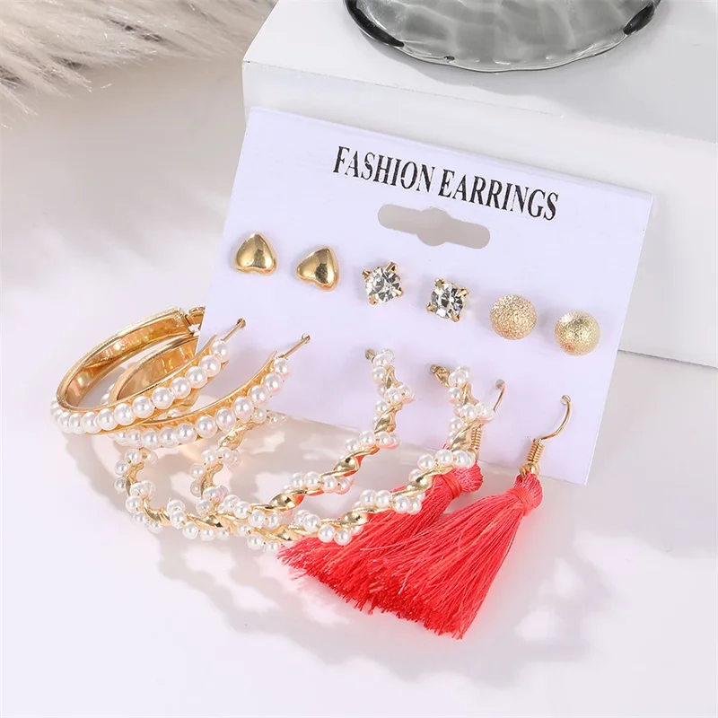 

FNIO Fashion Pearl Tassel Earrings Set For Women Acrylic Drop Earring Vintage Geometric Circle Earrings 2020 NEW Jewelry