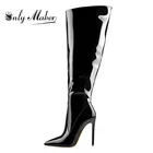 Onlymakerженские черные сапоги до колена с острым носком из лакированной кожи на высоком каблуке 10 см с боковой молнией женские высокие сапоги до колена большой размер