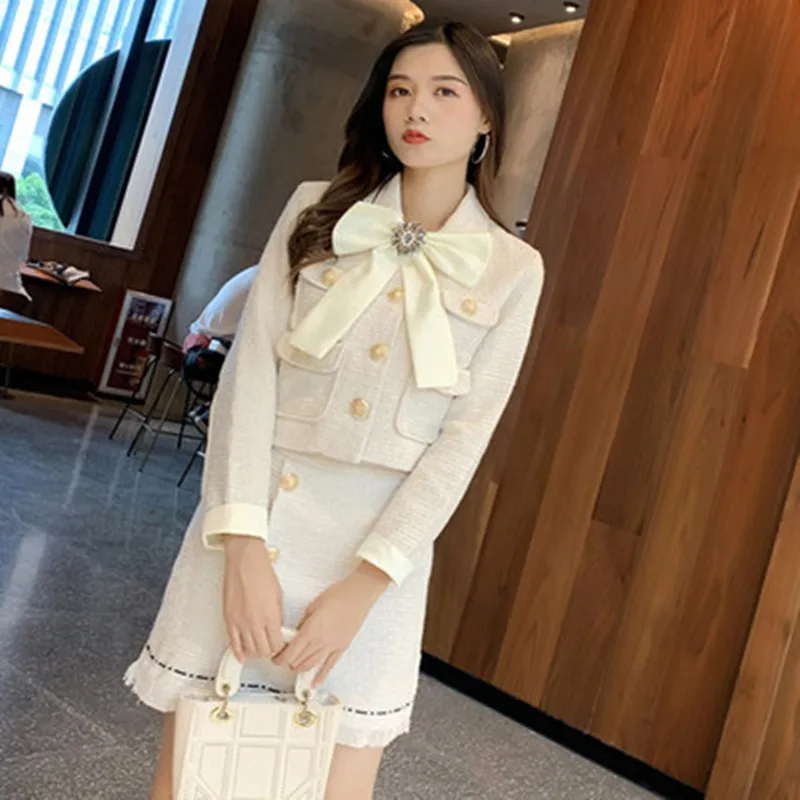 Женский шерстяной костюм комплект из 2 предметов короткая твидовая куртка