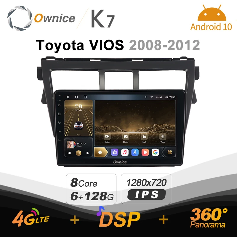 Автомагнитола Ownice K7 на Android 10 0 для Toyota VIOS 2008 - 2012 с поддержкой фронтальной камеры 4G
