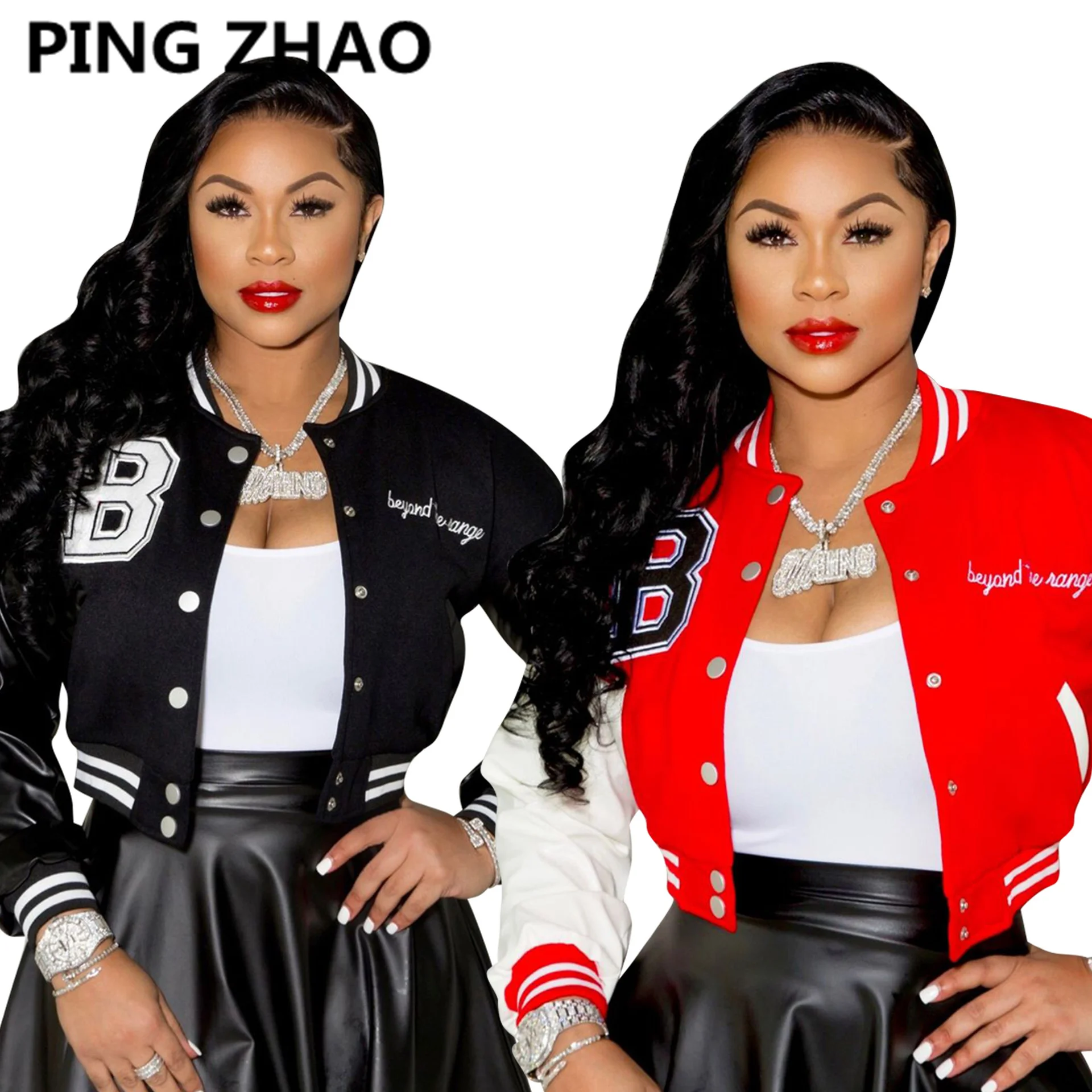 

PING ZHAO Women Letter Print Baseball Jacket Single-breasted Loose Stitching Baseball Uniform Streetwear Jackets