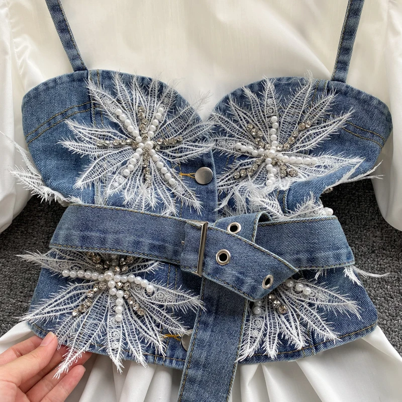 

Summer New Fashion Temperament Retro Bubble Sleeve Dress with Diamonds and Beaded Camisole Fashion Two-piece Suit DK638