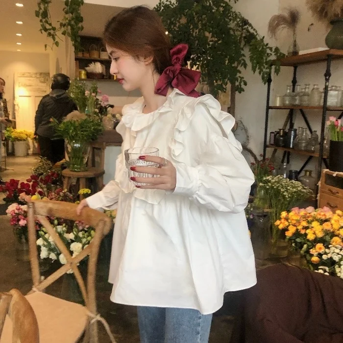 

Sweet Foreign Style Ruffle Thin Long Sleeve Top Women's New Korean Loose Shirt Coat Trend in Autumn 2021