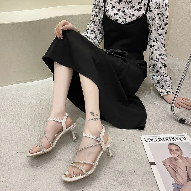 

Buckle Strap Female Sandal Black Shoes for Women Clear Heels 2021 Summer Girls Beige New Comfort Pearl High Stiletto Fashion Cas