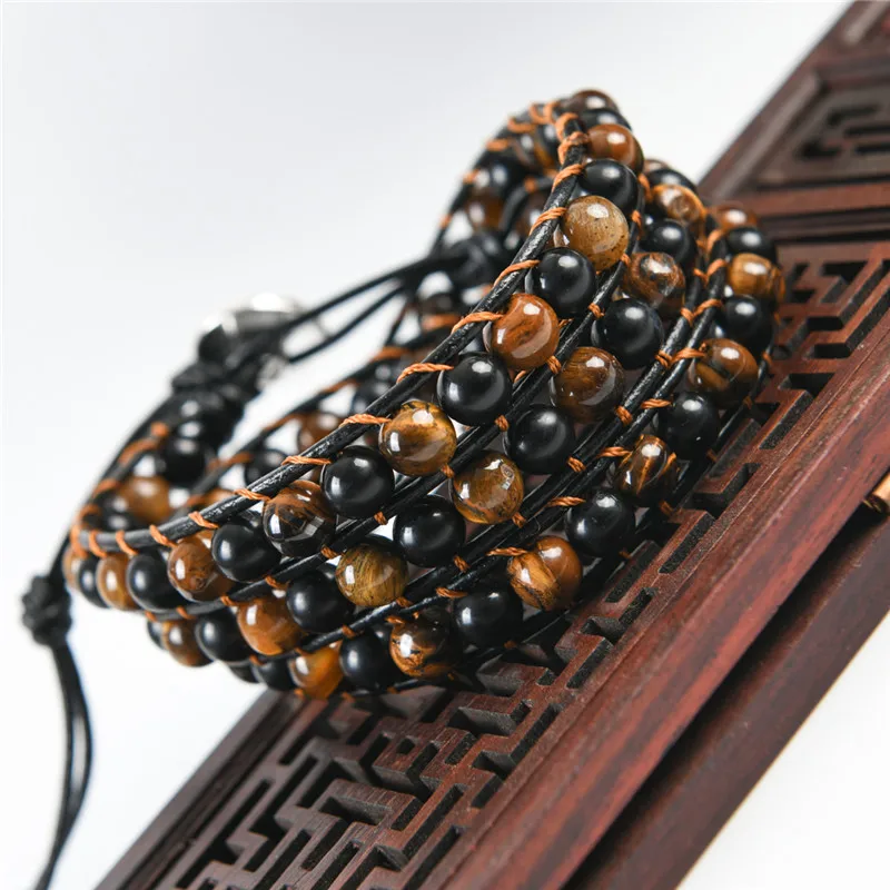 Кожаный браслет с камнями тигровый глаз натуральные бусины кристаллы плетение