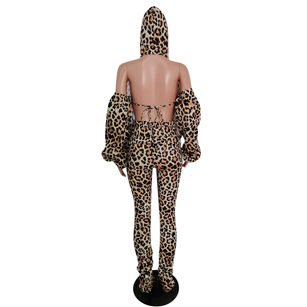 

2 piece sets womens outfits leopard print backless lantern sleeve hoodie+stacked leggings pencil pants tracksuits women set