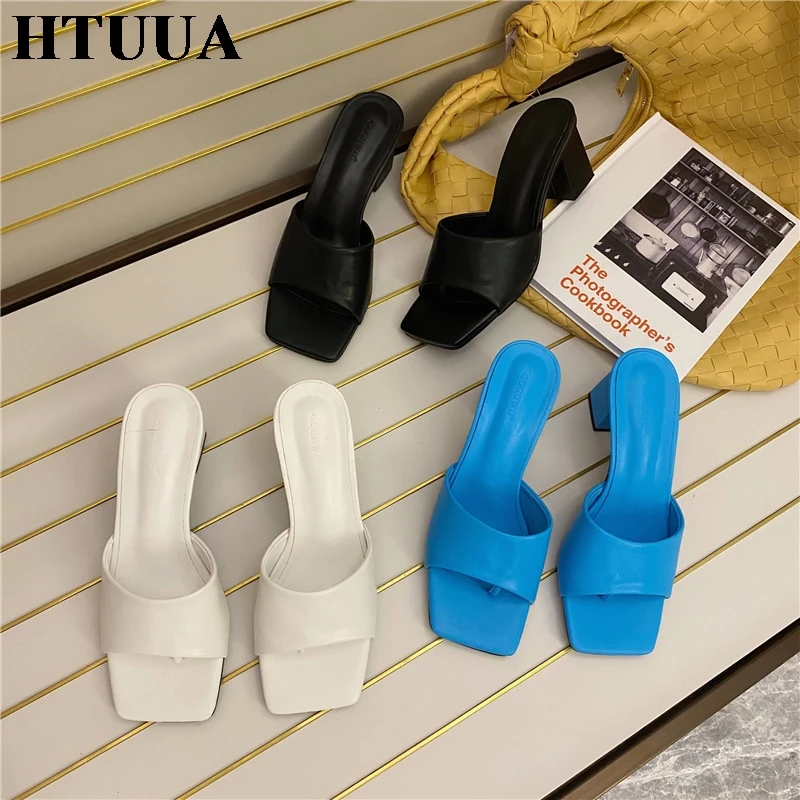 HTUUA 2020 New Brand Women Slippers Square High Heel Flip Flop Slides Summer Sandals Slip On Outdoor Beach Ladies Shoes SX3946 | Обувь