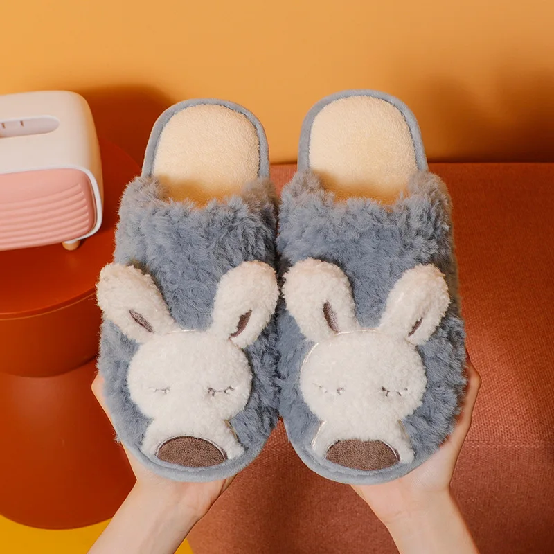 Rabbit Cotton Slippers Female Autumn And Winter Cute Cartoon Girl Heart Household HomeIndoorWarmPlushNon-slipCotton ShoesFor Men