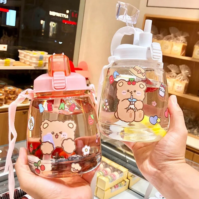 

1 Pcs 1300 ML Large Capacity Outdoor Sports Water Bottle With Straw Strap Cute Sticker High-value Plastic and Portable