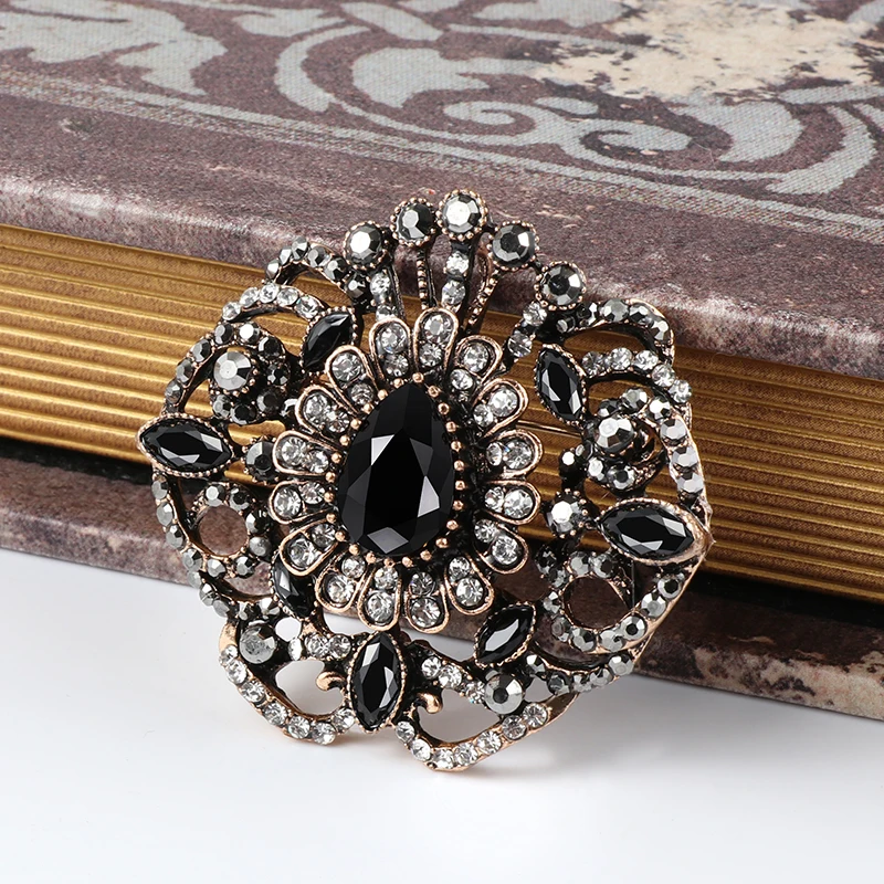 Kinel Мода Большой Хрустальный цветок женские брошки Винтаж Черная брошь булавки