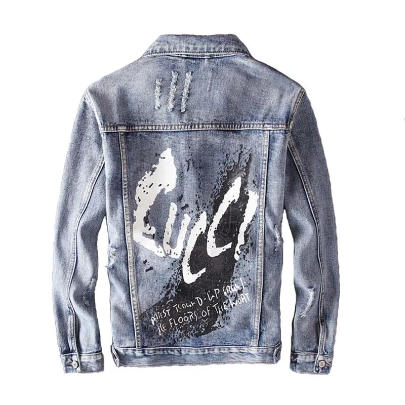 Мужские рваные джинсовые куртки KIOVNO с принтом в стиле панк потертые уличная