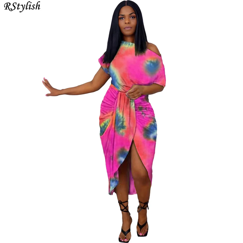 

RStylish 2021 Summer Hot Style Women Tie Dye Print O-Neck Short Sleeve Irregular Bodycon Midi Dress Fashion Casual Sport Dresses