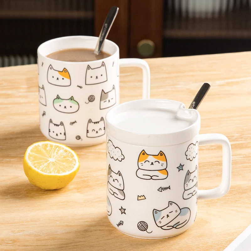 

Cartoon cat mug with lid spoon Creative ceramic cup Children household water cup High appearance level coffee cup tea cup