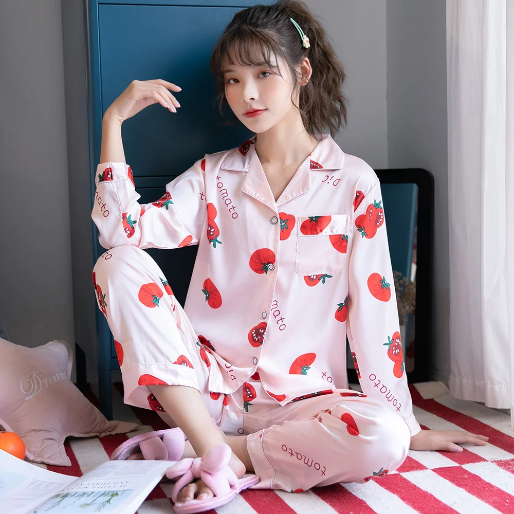 Spring And Summer LadyWomen South Korea Loose Long Sleeve Suit Pajamas Lapel Cardigan Print Sleepwear