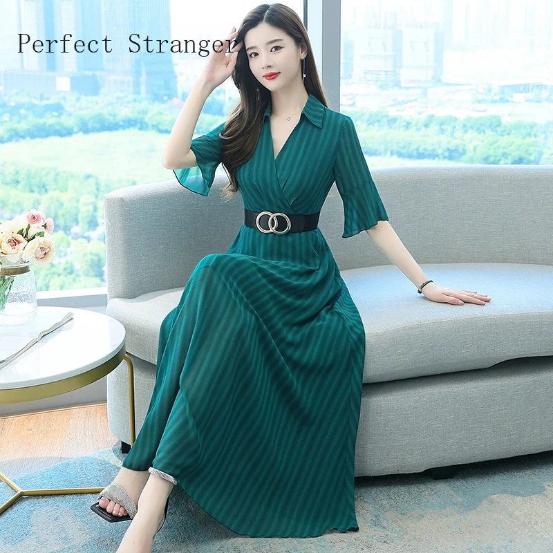 

Summer Dress Women Hot Sale Turn-down Collar Stripe Flare Sleeve Women Chiffon Long Dress With Belt