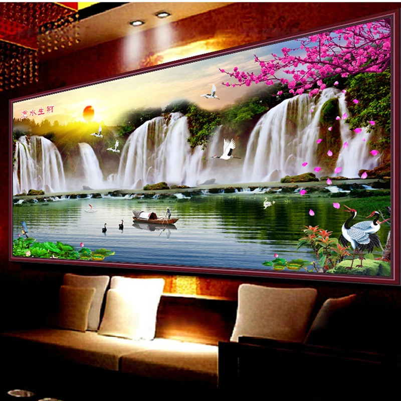 QIANZEHUINeedlework, DIY 3d пейзаж, кран, рыбак, солнце, слива вышивка крестиком, пейзаж, картина, выложенная алмазами, настенный домашний декор