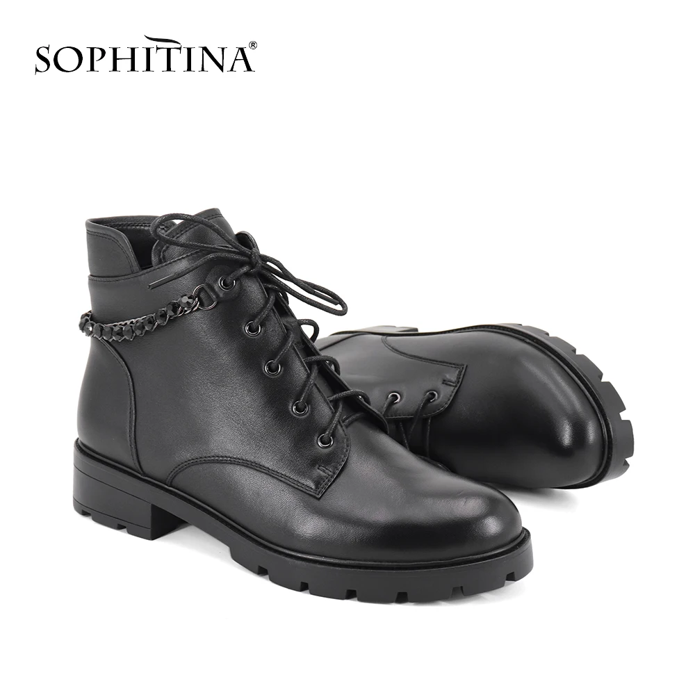 SOPHITINA/Ботинки женские на осень и зима. Удобные ботинки из коровьей кожи со шнуровкой и цепочкой на простискользящей толской подошве и низком каблуке. Ботильоны с округленным носком. Повседневные ботильоны. SC339