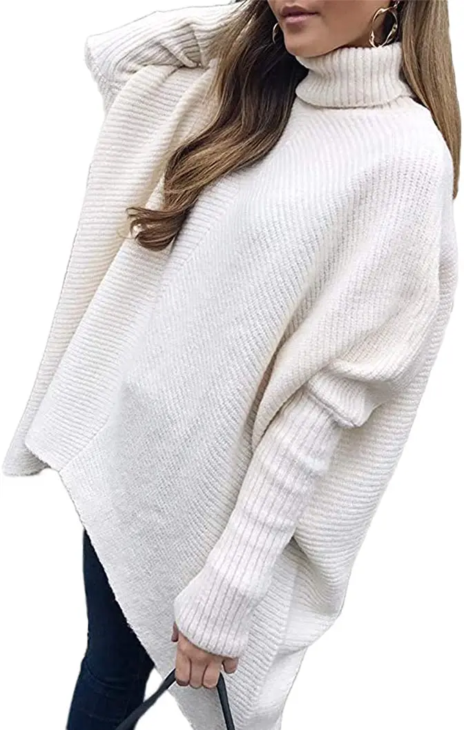 

Womens Turtleneck Long Batwing Sleeve Asymmetric Hem Casual Pullover Sweater Knit Tops Factory Direct Sales Jamper