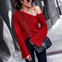 womens off shoulder sweater pullover fashion sexy slim fit trumpet sleeve o neck solid knitted jumper autumn casual korea tops