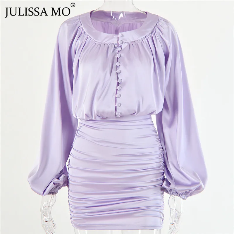 Женское атласное мини платье JULISSA MO на пуговицах с рюшами и рукавами фонариками