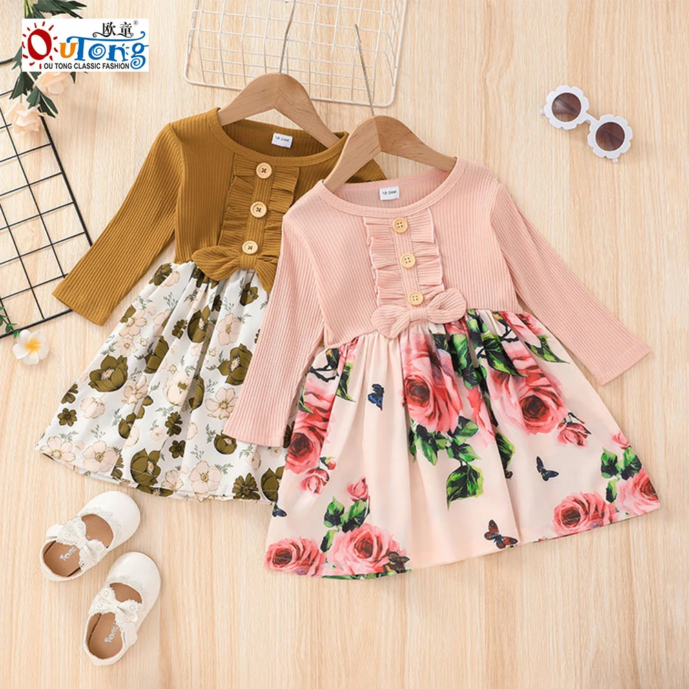 Outong-vestido de Oto&ntilde;o de manga larga para ni&ntilde;os, ropa informal con volantes y estampado de flores para beb&eacute;s de 1 a 6 a&ntilde;os-0