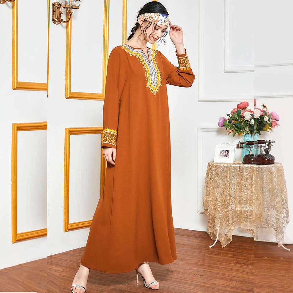 

Ethnic Embroidered Long Dress Muslim Tureky Loose Plus Size Maxi Dresses Full Sleeve Arabic Isalmic Clothes Moroccan Kaftan