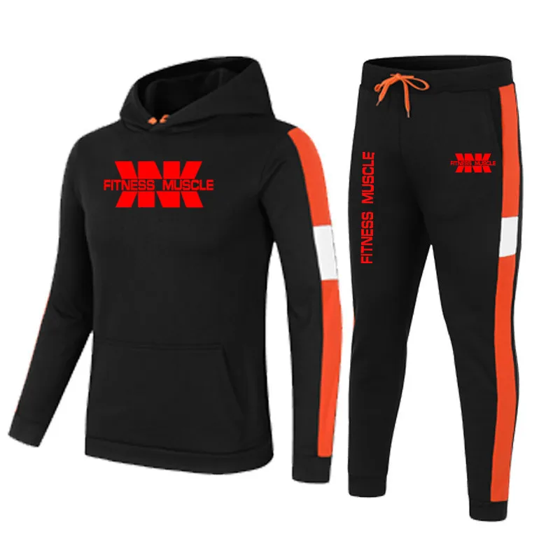 

2021 Fashion Sports Fitness Muscle Brand Printing Sweatshirt + Trousers Suit Men Winter Fleece Keep Warm Hooides Set 2-Piece Set